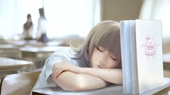 Room Books chairs sleeping faces schoolgirls school desks anime 