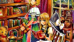 Room Books hats sitting clocks lanterns bows blondes long hair 