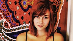 Room carpet woman shoulders smiling brown eyes redheads teen