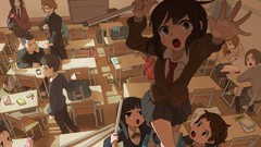 Room Class school desks anime girls classroom school uniforms