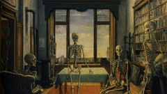 Room clouds surrealism Books windows paintings skeletons 