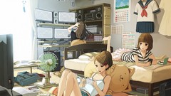 Room Computers beds schoolgirls fans anime girls indoors 