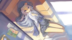 Room cross dress white hair legs couch long hair anime girls 