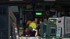 Room dark paper Computers Lamps blondes blue eyes indoors short 