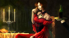 Room dark wine food Candles dress red eyes sitting red dress 