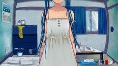 Room dress blue hair long hair anime girls indoors white dress 