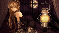 Room dress gloves Ribbons lanterns curtains blondes long hair 