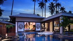Room evening palm trees architecture houses swimming pools