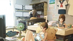 Room fans long hair anime girls brown eyes short hair seifuku 