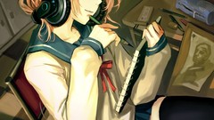 Room headphones Pencils Tables red eyes Ribbons sitting 