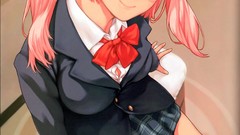 Room headphones sitting schoolgirls bows skirts pink hair 