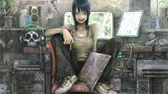 Room headphones sitting skulls pants smiling anime girls 