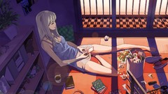 Room interior headphones dress sitting anime girls indoors 