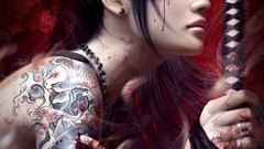 Room Katana blood Swords tattoos wounds girls with swords 