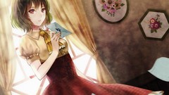 Room letters dress red eyes curtains indoors short hair bangs 