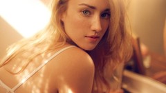 Room light woman shoulders blondes long hair blue eyes teen