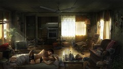 Room Men woman windows morning couple beds posters kissing 