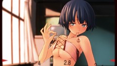Room navel anime girls blue eyes indoors classroom short hair 