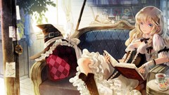 Room tea Books dress hats Sweets bows blondes pillows couch 