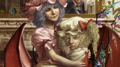 Room weapons wings dress hats Vampires white hair red eyes red 