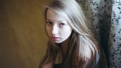 Room woman beds blondes long hair blue eyes teen