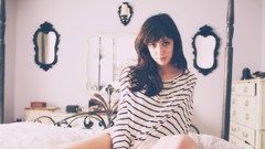 Room woman beds brunettes bangs