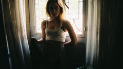 Room woman blondes skirts cleavage teen