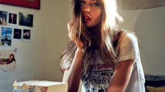 Room woman Books lips bedroom posters long hair blue eyes 