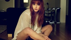 Room woman legs long hair green eyes redheads teen