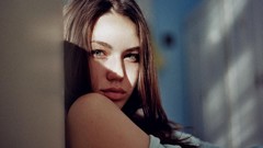 Room woman lips shoulders green eyes brunettes teen