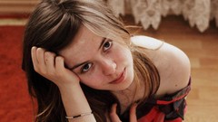 Room woman shoulders blue eyes brunettes teen