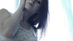 Room woman shoulders green eyes brunettes