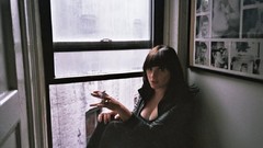 Room woman windows Cigarettes brunettes cleavage