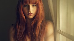 Room woman windows long hair green eyes bangs redheads nude teen