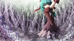 Roses red eyes green hair touhou kagiyama hina thigh highs hair 