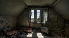 ruin interior window old abandoned room trash chair suitcase