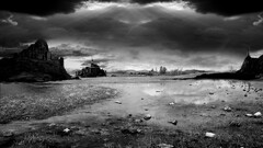 ruin monochrome dark sky clouds artwork