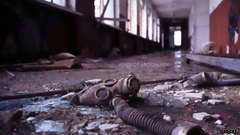 Ruins buildings gas masks