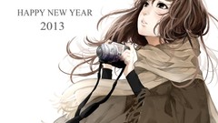 Ruins Cameras scarfs long hair anime girls brown eyes brunettes