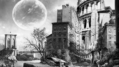 Ruins Dinosaurs grayscale monochrome