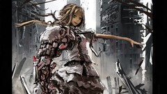 Ruins dress drawings blondes long hair anime girls green eyes 