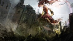 Ruins dress red eyes red dress buildings bows long hair anime 