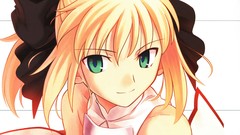 Saber faces bows blondes anime girls green eyes short hair fate 