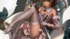 Saber Swords stockings couch anime girls fate stay night flower 