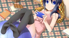 Sakura anime girls blue eyes earphones black hair thigh highs 