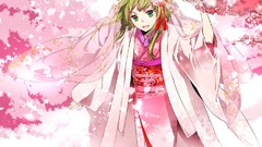 Sakura kimono veil green eyes vocaloid green hair cherry 