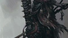 Samurai red eyes Swords creatures artwork fantasy art long ears