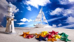 Sand clouds Sailboats starfish still life miniature multicolor 