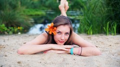 Sand feet woman Plants outdoors bracelets smiling blue eyes 