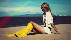 Sand glasses sitting Beaches hair in face